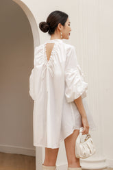 Button-Front Silk Dress with Ruffle Sleeves and Adjustable Back Tie Detail